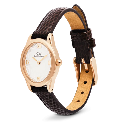 Daniel Wellington Ophelia Mini Dark Brown Lizard White Guilloché Rose Gold Watch