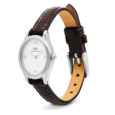 Daniel Wellington Ophelia Mini Dark Brown Lizard White Guilloché Silver Watch