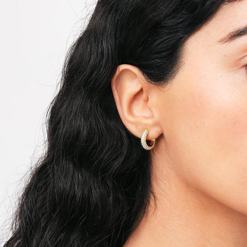 Daniel Wellington gold-plated brass hoop earrings featuring a sparkling pavé crystal claw setting worn on an ear.