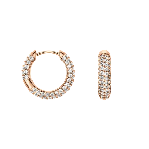 Daniel Wellington rose gold hoop earrings featuring a sparkling pavé crystal design with a secure hinge lock system.