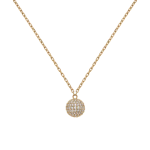 Daniel Wellington gold pendant necklace featuring a sparkling, crystal-encrusted pavé sphere on an adjustable chain.