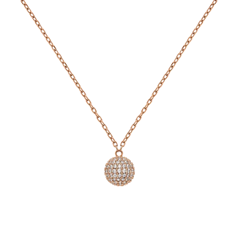 Daniel Wellington rose gold pendant necklace featuring a sparkling pavé crystal sphere on an adjustable stainless steel chain.