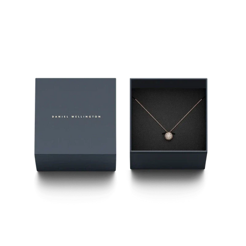 Daniel Wellington rose gold Pavé crystal pendant necklace in a signature branded gift box.