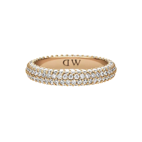 Daniel Wellington gold-plated brass ring featuring a sparkling pavé crystal band with a classic claw setting.