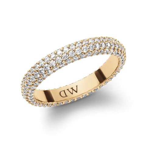 Daniel Wellington gold-plated brass ring featuring a sparkling pavé crystal band with a classic claw setting.