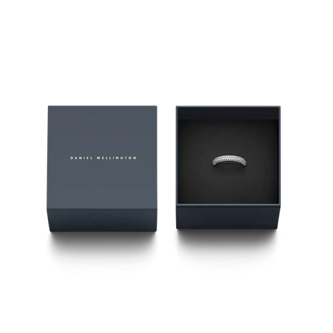 Daniel Wellington silver Pavé crystal ring in rhodium plated brass, displayed in a branded gift box.