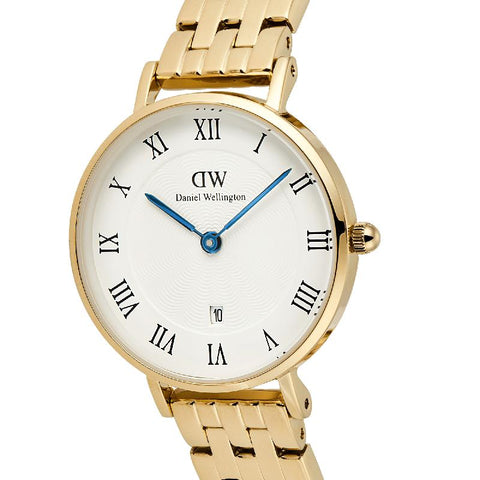 The Watch Boutique Daniel Wellington Petite 5-Link Gold Roman Numerals Date Watch