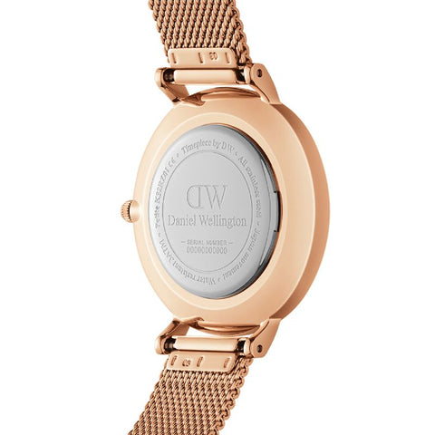 Back view of the 24mm Daniel Wellington Petite Melrose watch featuring a rose gold stainless steel mesh strap.