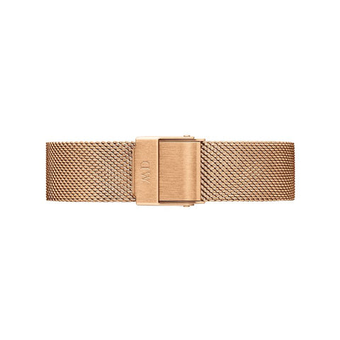 Elegant rose gold stainless steel mesh strap for Daniel Wellington Petite Melrose watch with secure clasp.
