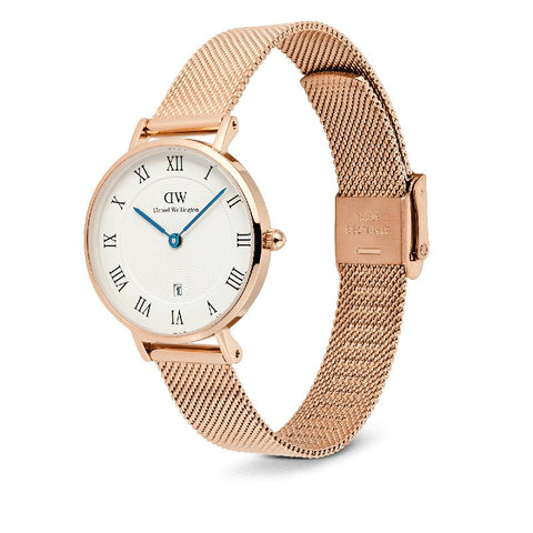 The Watch Boutique Daniel Wellington Petite Rose Gold Roman Numerals Date Watch