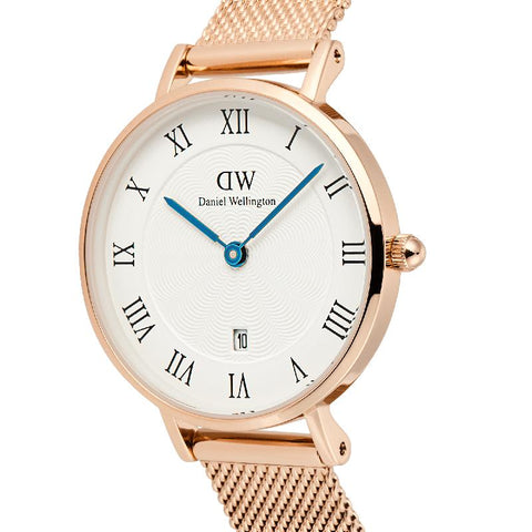 The Watch Boutique Daniel Wellington Petite Rose Gold Roman Numerals Date Watch