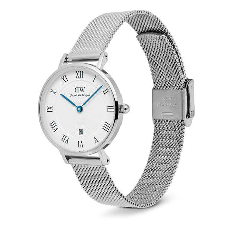 The Watch Boutique Daniel Wellington Petite Silver Roman Numerals Date Watch