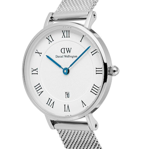 The Watch Boutique Daniel Wellington Petite Silver Roman Numerals Date Watch