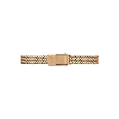 Rose gold stainless steel mesh watch strap with a secure clasp featuring the Daniel Wellington logo.