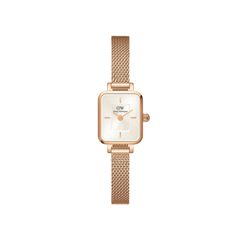 Daniel Wellington Quadro Mini rose gold watch with a champagne sunray dial and elegant pressed mesh bracelet.
