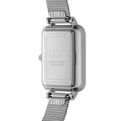 Back view of the silver stainless steel Daniel Wellington Quadro watch with a detailed pressed piano link strap.