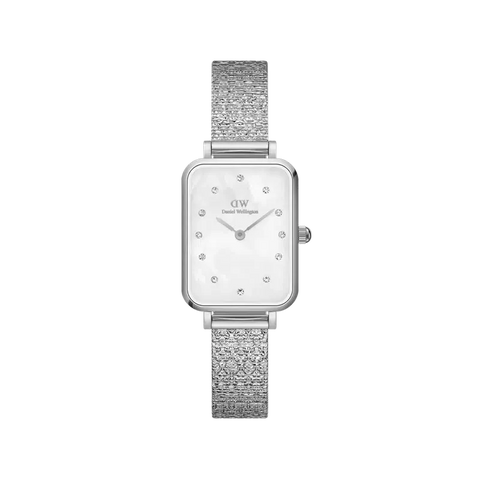 Daniel Wellington Quadro silver watch with mother of pearl dial, crystal indexes, and textured Pressed Piano link strap.