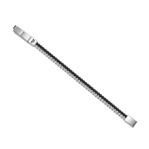Police men's double row bracelet featuring black tiger eye beads and a silver IP gun box chain, 190mm length.