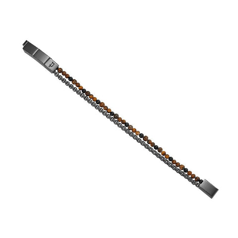 Police men's 190mm double-row bracelet featuring tiger eye beads and a sturdy black IP gun box chain.