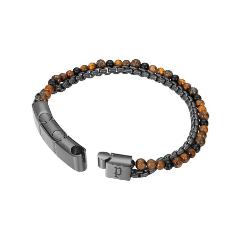 Police double-row men's bracelet featuring tiger eye beads and a sturdy 190mm IP gun metal box chain with a branded clasp.