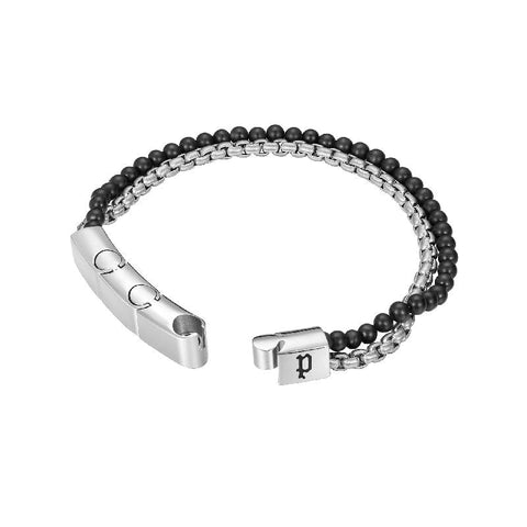 Police double row men's bracelet featuring black tiger eye beads and a silver IP gun box chain, 190mm length.