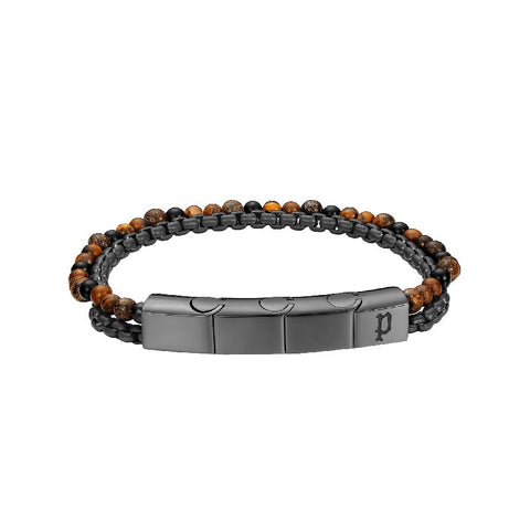 Police men's double row bracelet featuring tiger eye beads and a sturdy black IP gun box chain with a branded metal bar.