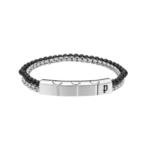 Police men's double row bracelet featuring black tiger eye beads and a silver IP gun box chain with a branded metal centerpiece.