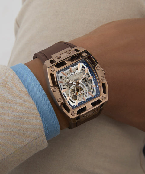 The Watch Boutique Guess Brown Coffee Automatic Watch with Leather Strap