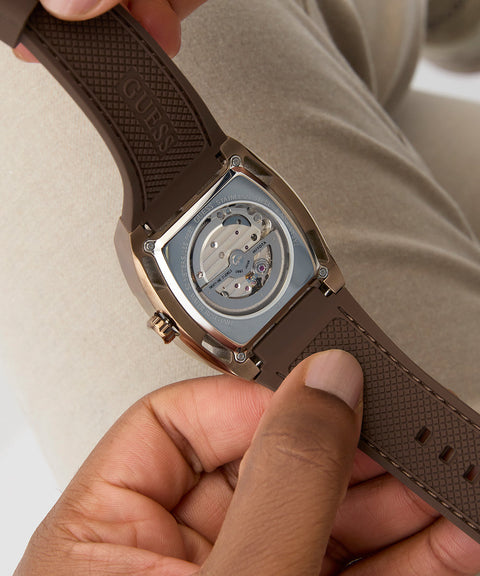 The Watch Boutique Guess Brown Coffee Automatic Watch with Leather Strap