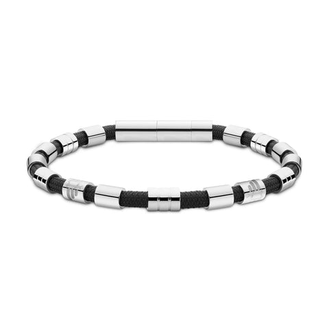 Police Gear men's 200mm bracelet featuring a black nylon cord with edgy, polished silver-tone metal dividers.