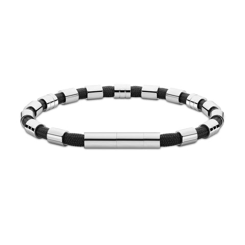 Police men's 200mm black nylon bracelet featuring edgy silver metal dividers for a modern, trendsetting style.