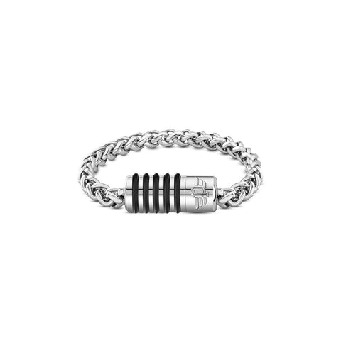 Police men's 190mm metal chain bracelet featuring a sleek silver-tone finish and a stylish black-ribbed gear-inspired centerpiece.