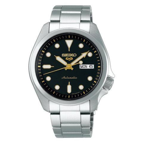 Seiko 5 Sports automatic watch with a black dial, gold-tone hands, and a durable stainless steel bracelet.