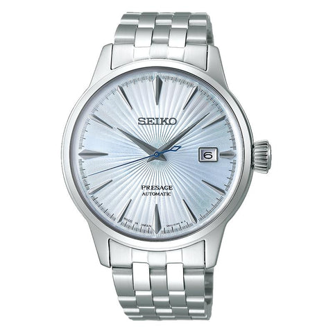 Seiko Presage Sky Diving automatic watch with a sunray light blue dial, stainless steel case, and matching link bracelet.
