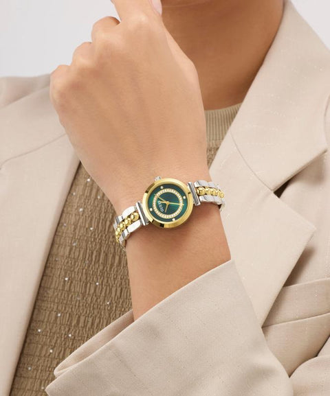 The Watch Boutique Guess 2-Tone Analog Watch with Green Dial and Gold Accents