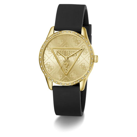 The Watch Boutique Guess Black Gold-Tone Analog Watch with Silicone Strap