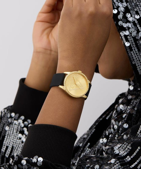 The Watch Boutique Guess Black Gold-Tone Analog Watch with Silicone Strap