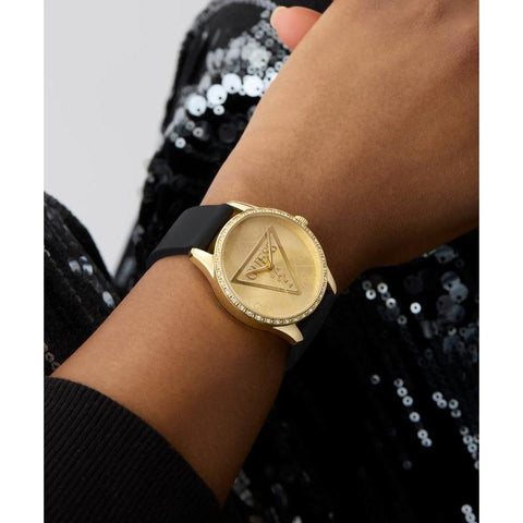 The Watch Boutique Guess Black Gold-Tone Analog Watch with Silicone Strap