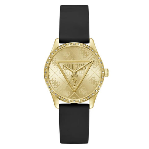 The Watch Boutique Guess Black Gold-Tone Analog Watch with Silicone Strap
