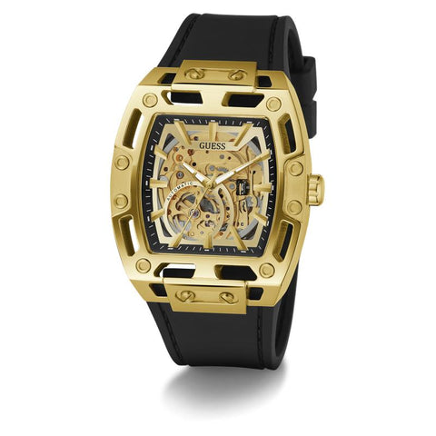 The Watch Boutique Guess Black Gold Tone Automatic Watch with Silicone Strap