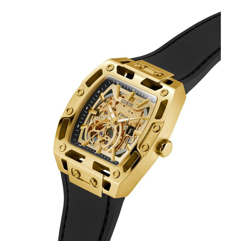 The Watch Boutique Guess Black Gold Tone Automatic Watch with Silicone Strap