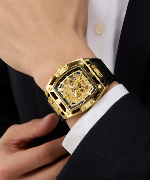 The Watch Boutique Guess Black Gold Tone Automatic Watch with Silicone Strap