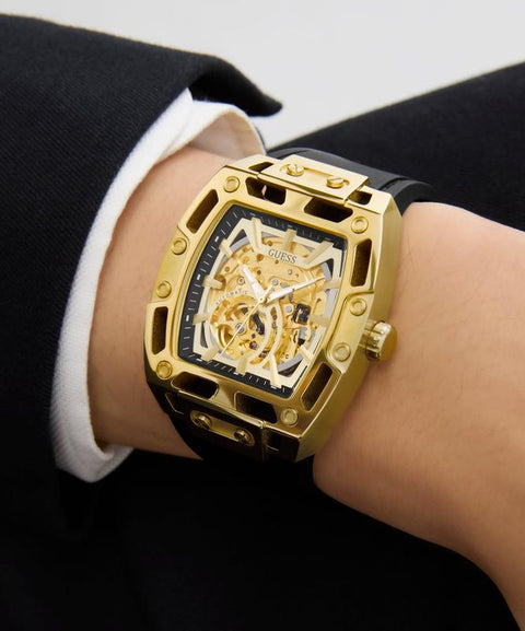 The Watch Boutique Guess Black Gold Tone Automatic Watch with Silicone Strap