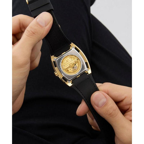 The Watch Boutique Guess Black Gold Tone Automatic Watch with Silicone Strap