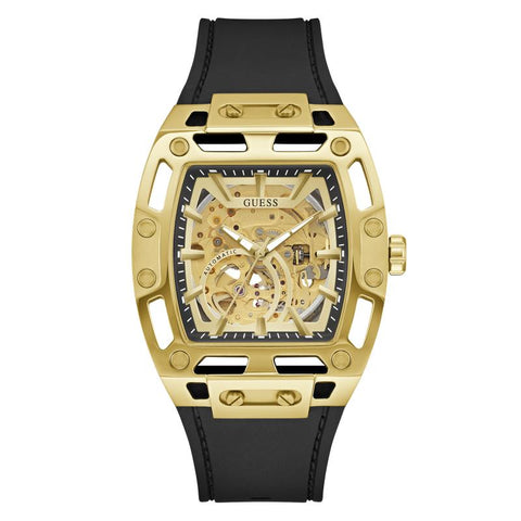The Watch Boutique Guess Black Gold Tone Automatic Watch with Silicone Strap
