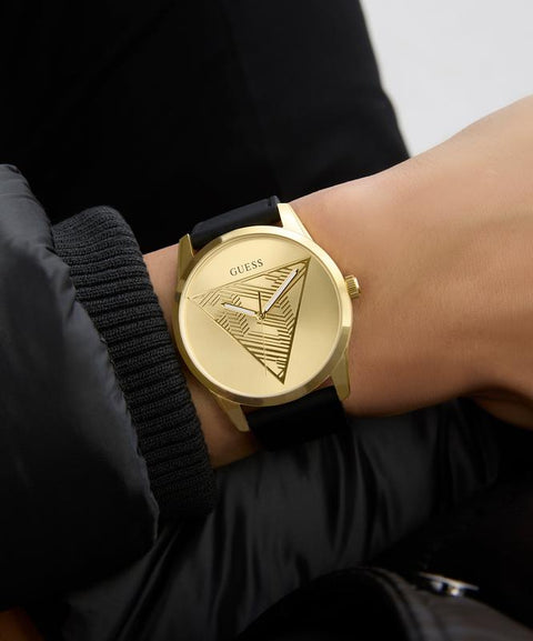 The Watch Boutique Guess Black Gold Tone Multi‑Function Silicone Strap Watch