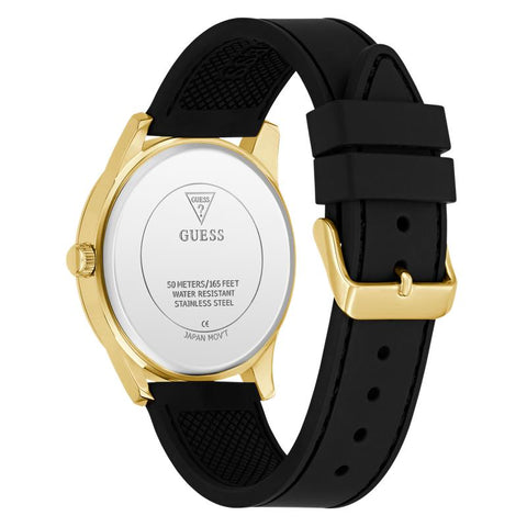 The Watch Boutique Guess Black Gold Tone Multi‑Function Silicone Strap Watch
