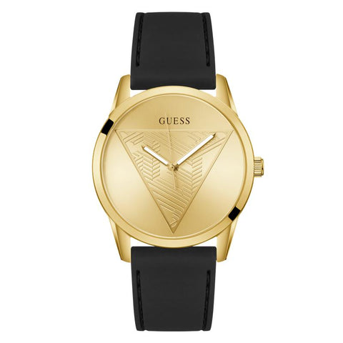 The Watch Boutique Guess Black Gold Tone Multi‑Function Silicone Strap Watch