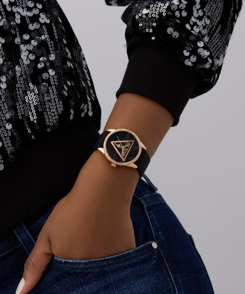 The Watch Boutique Guess Black Rose Gold Analog Watch with Silicone Strap