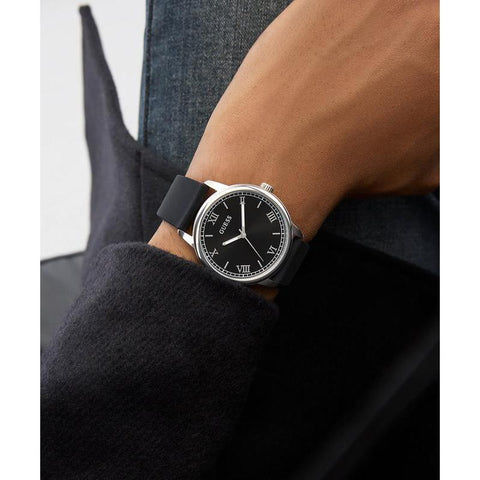 The Watch Boutique Guess Black Silicone Strap Silver-Tone Analog Watch 40mm